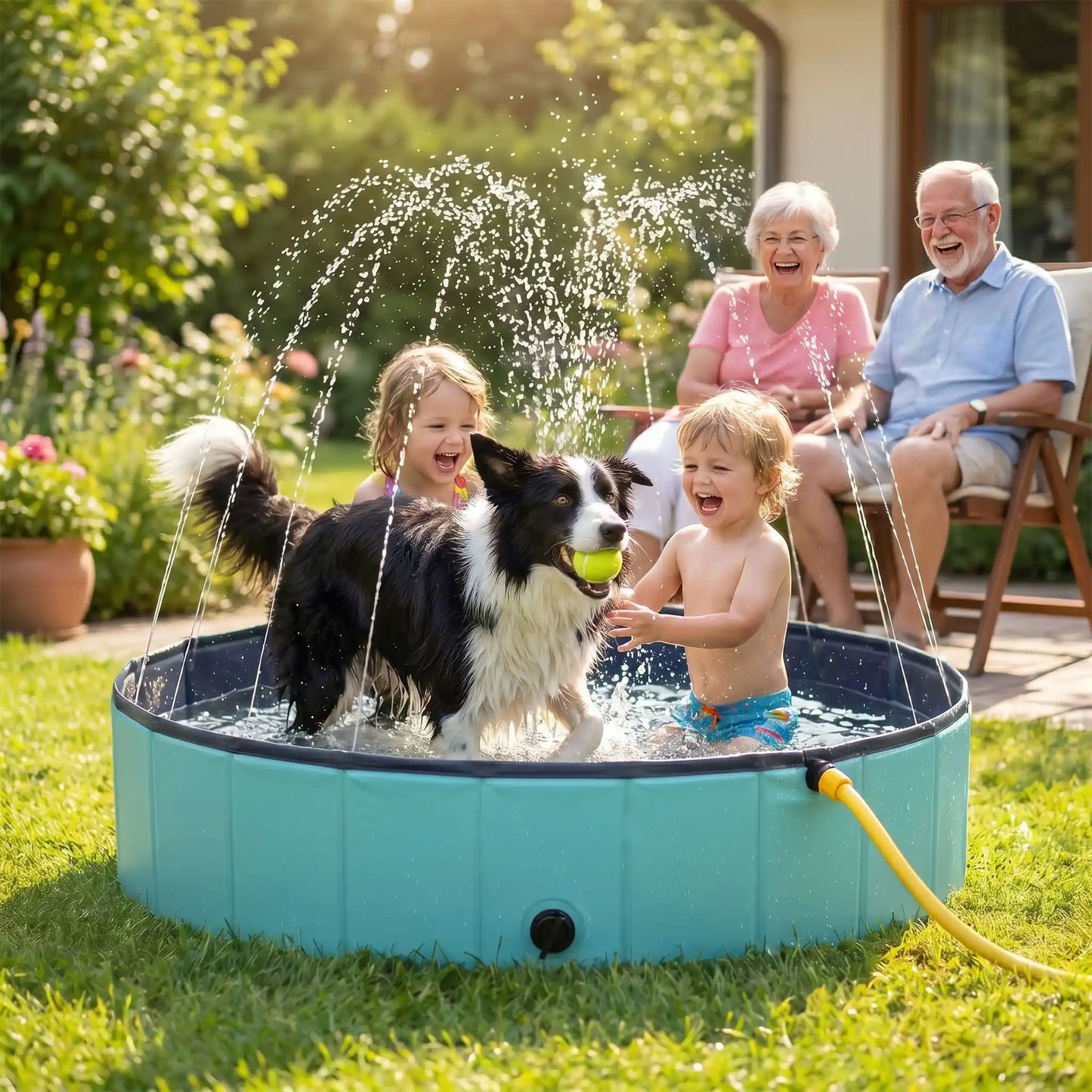 Piscine-pour-chien-xxl-chiot-avec- raccord universel au tuyau d'arrosage pour jets d'eau,rigide-vidange rapide et facile,pliable, transportable en panneaux de fibres rigides et naturels avec PVC ultra-résistant avec couche intérieure renforcée pour chien de grande race, fond antidérapant et résistant aux griffes-deux petits enfants et un chien moyen qui se baigne dans  la grande piscine pour chien rigide raccordée avec les multiples jets d'eau sous le regard amusé des grands-parents dans le jardin  en été