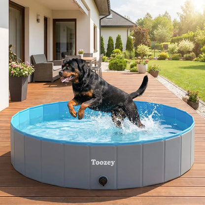 Piscine-pour-chien-xxl-chiot-rigide-bouchon-vidange rapide et facile,pliable et transportable en panneaux de fibres rigides et naturels avec PVC ultra-résistant avec couche intérieure renforcée de diamètre 160 cm pour chien de grande race, fond antidérapant et résistant aux griffes-un grand chien qui saute tout heureux dans la grande piscine pour chien rigide sur la terrasse du jardin de la maison en été