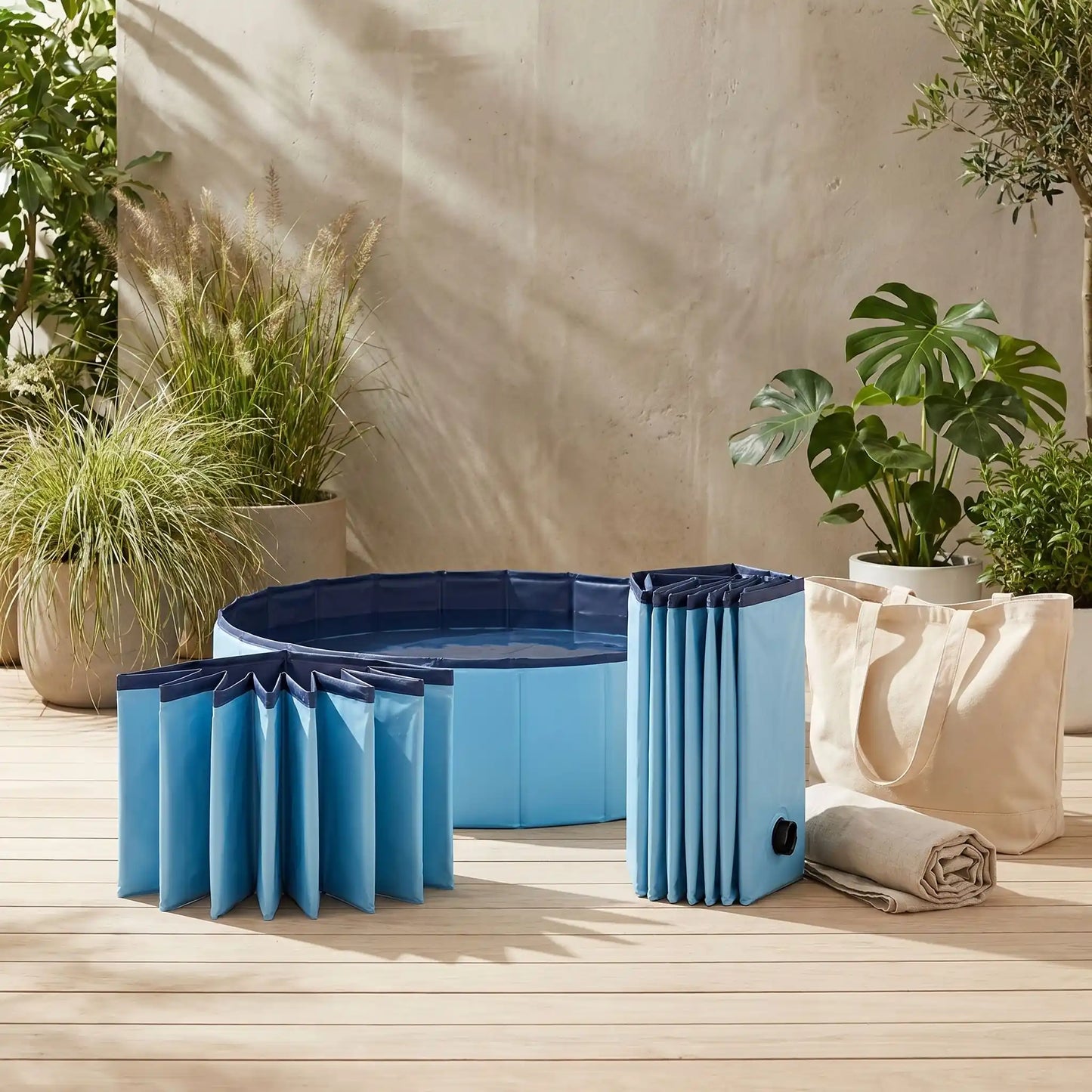 Piscine-pour-chiens-rigide en panneaux MDF robuste anti-affaissement, PVC sans produits toxiques , pliable et lavable de diamètre de 100 cm et de 30 cm de hauteur étudié pour une entrée et sortie facile et sécurisé pour les chiens de taille moyenne, avec bouchon de vidange pratique et rapide, polyvalente piscine à balle, bassin, baignoire pour toilettage-gros plan sur la piscine en version pliée et déplié, prête immédiattement à l'emploi, sans outil sans gonflage