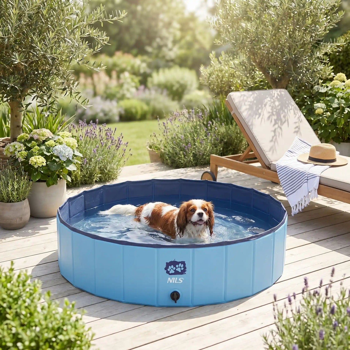 Piscine-pour-chiens-rigide en panneaux MDF robuste anti-affaissement, PVC sans produits toxiques , pliable et lavable de diamètre de 100 cm et de 30 cm de hauteur étudié pour une entrée et sortie facile et sécurisé pour les chiens de taille moyenne, avec bouchon de vidange pratique et rapide, polyvalente piscine à balle, bassin, baignoire pour toilettage-un Cavalier King Charles qui se baigne avec bonheur dans la piscine remplie d'eau dans le jardin de la location de vacances en été