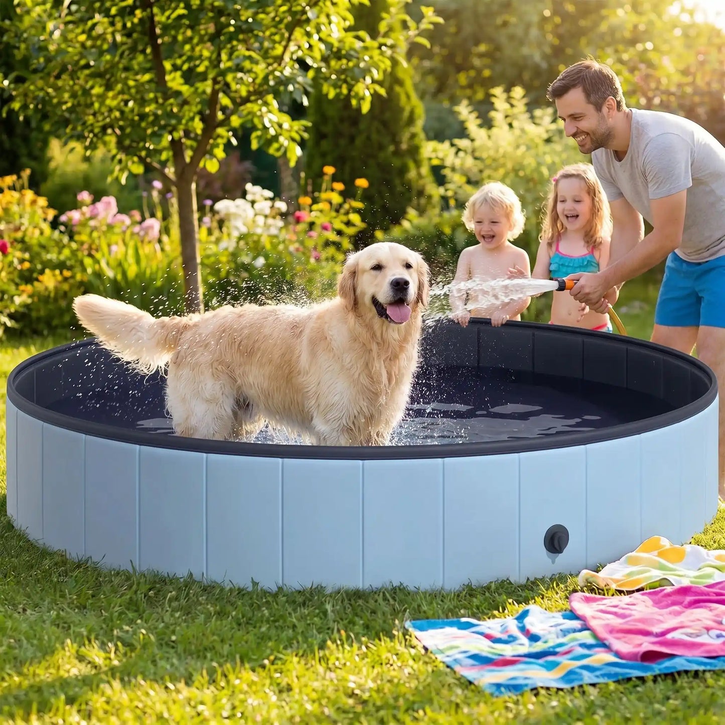 Piscine-pour-gros-chien-rigide-xxl, panneaux MDF robuste anti-affaissement, pliable et lavable de diamètre 160 cm et de 30 cm de hauteur étudié pour une entrée et sortie facile et sécurisé pour le chien avec bouchon de vidange pratique et rapide, polyvalente piscine à balle, bassin, baignoire pour toilettage-un Golden retriever heureux dans la piscine remplie d'eau avec son maitre qui l'arrose doucement au jet d'eau pour le rafraichir en été avec les enfants qui regardent et rigolent dans le jardin 