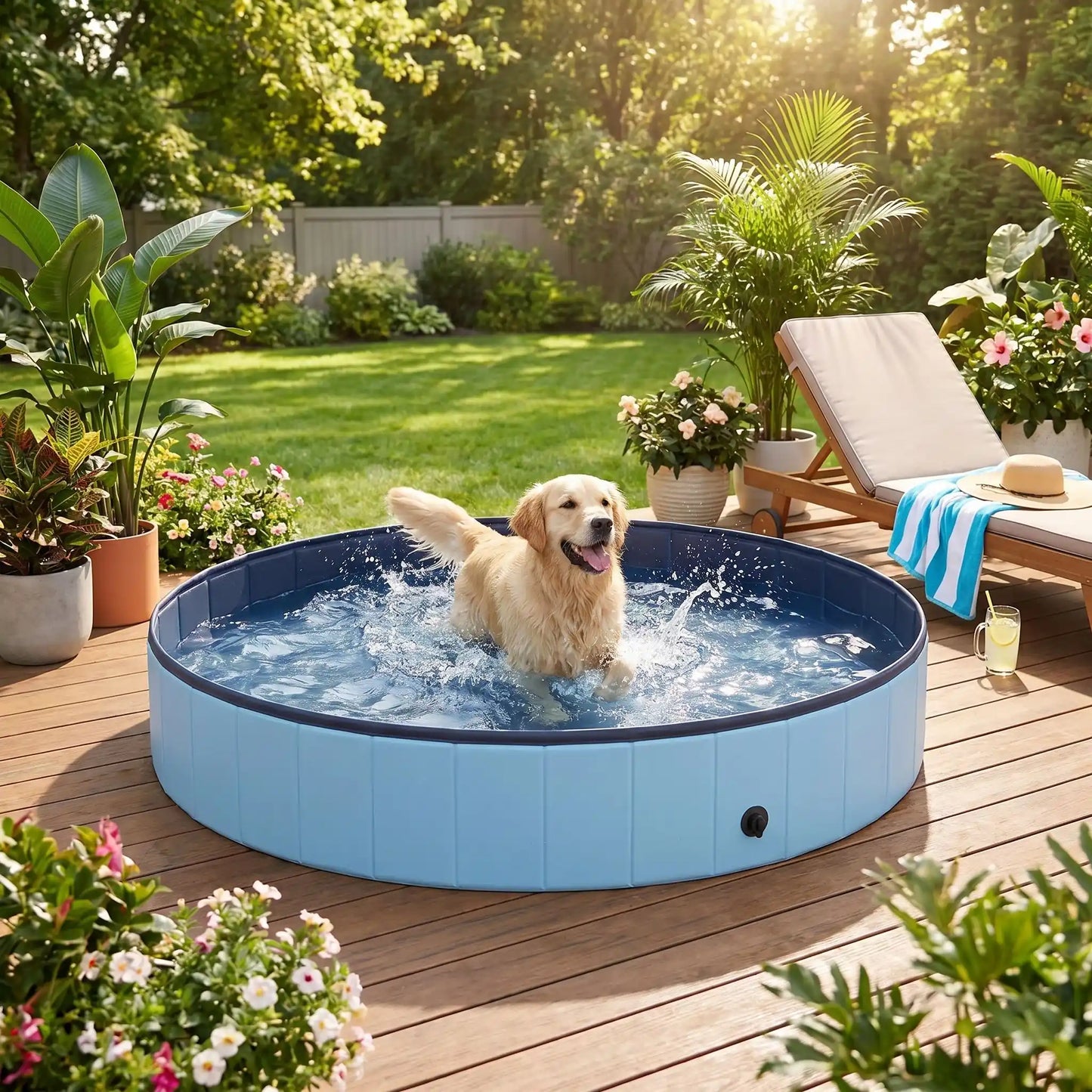 Piscine-pour-gros-chien-rigide-xxl, panneaux MDF robuste anti-affaissement, pliable et lavable de diamètre 160 cm et de 30 cm de hauteur étudié pour une entrée et sortie facile et sécurisé pour le chien avec bouchon de vidange pratique et rapide, polyvalente piscine à balle, bassin, baignoire pour toilettage-un golden retriever qui court tout heureux dans la grande piscine robuste pour chien de couleur bleu sur la terrassse du jardin en eté 