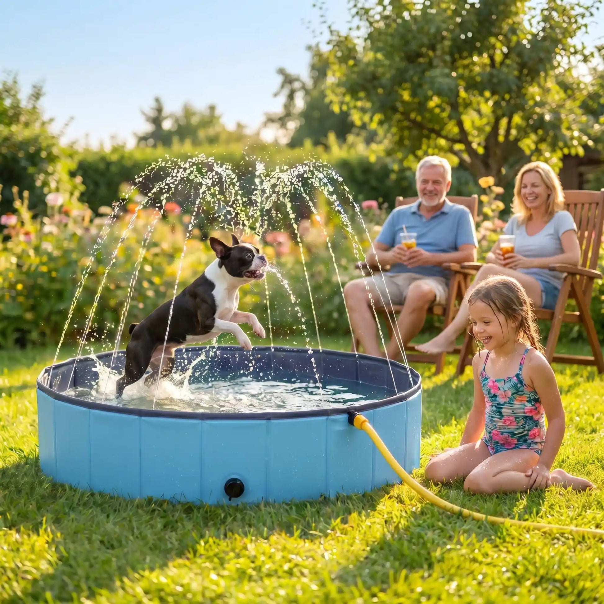 Piscine-rigide-pour-chien-chiot-avec- raccord universel au tuyau d'arrosage pour jets d'eau,rigide-vidange rapide et facile,pliable, transportable en panneaux de fibres rigides et naturels avec PVC ultra-résistant avec couche intérieure renforcée pour chien, fond antidérapant et résistant aux griffes-un chien moyen qui saute heureux dans sa piscine arrosé par les jets d'eau à côté d'une petite fille mouillée qui rit assise sur la pelouse, sa mère et grand-père qui les regardent en souriant en été