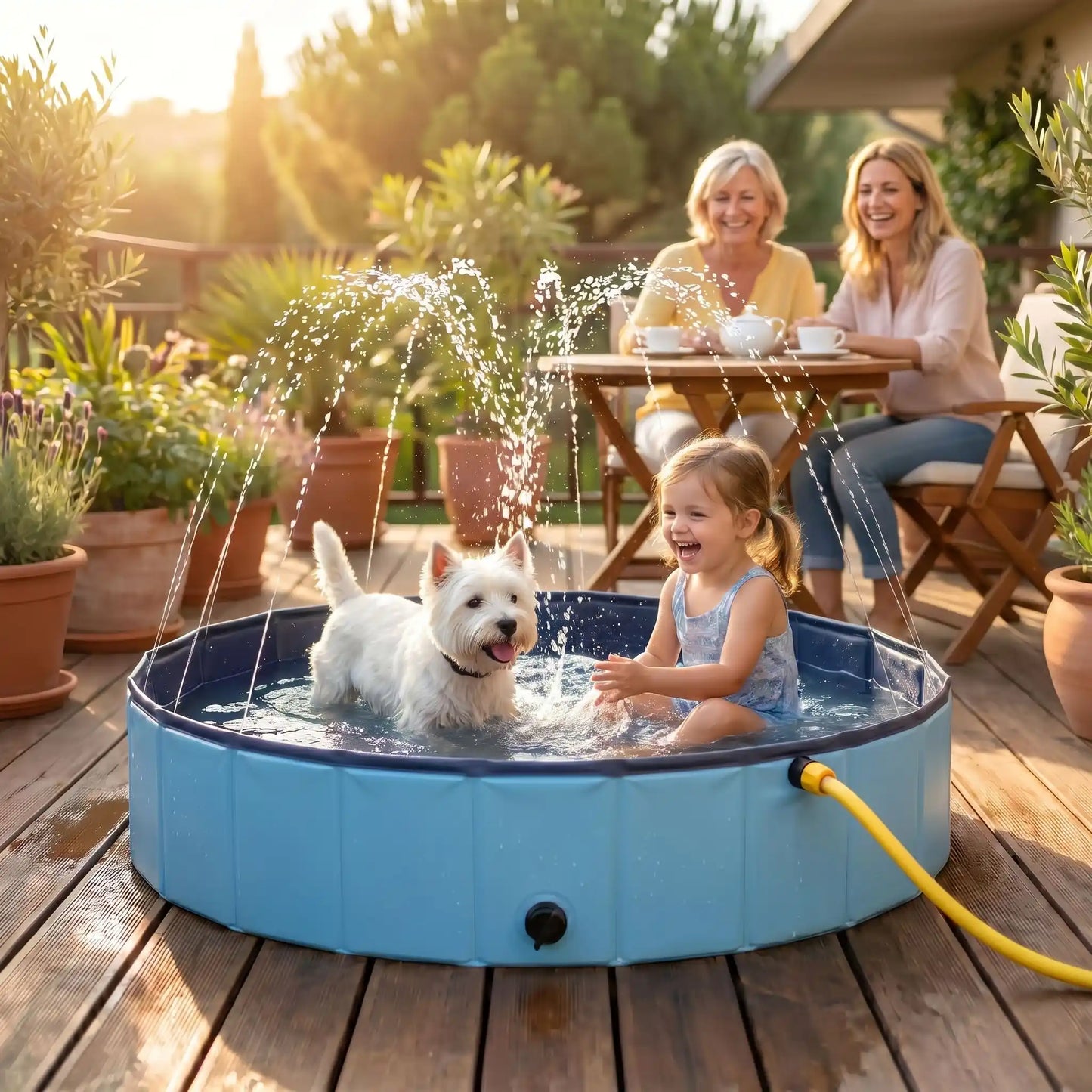 Piscine-rigide-pour-chien-chiot-avec- raccord universel au tuyau d'arrosage pour jets d'eau,rigide-vidange rapide et facile,pliable, transportable en panneaux de fibres rigides et naturels avec PVC ultra-résistant avec couche intérieure renforcée pour chien, fond antidérapant et résistant aux griffes-un petit chien qui se baigne tout heureux avec une petite fille assise à côté de lui dans sa piscine arrosée par les jets d'eau  sous les rires de sa mère et sa mamie qui boivent leur thé sur la terrasse en été
