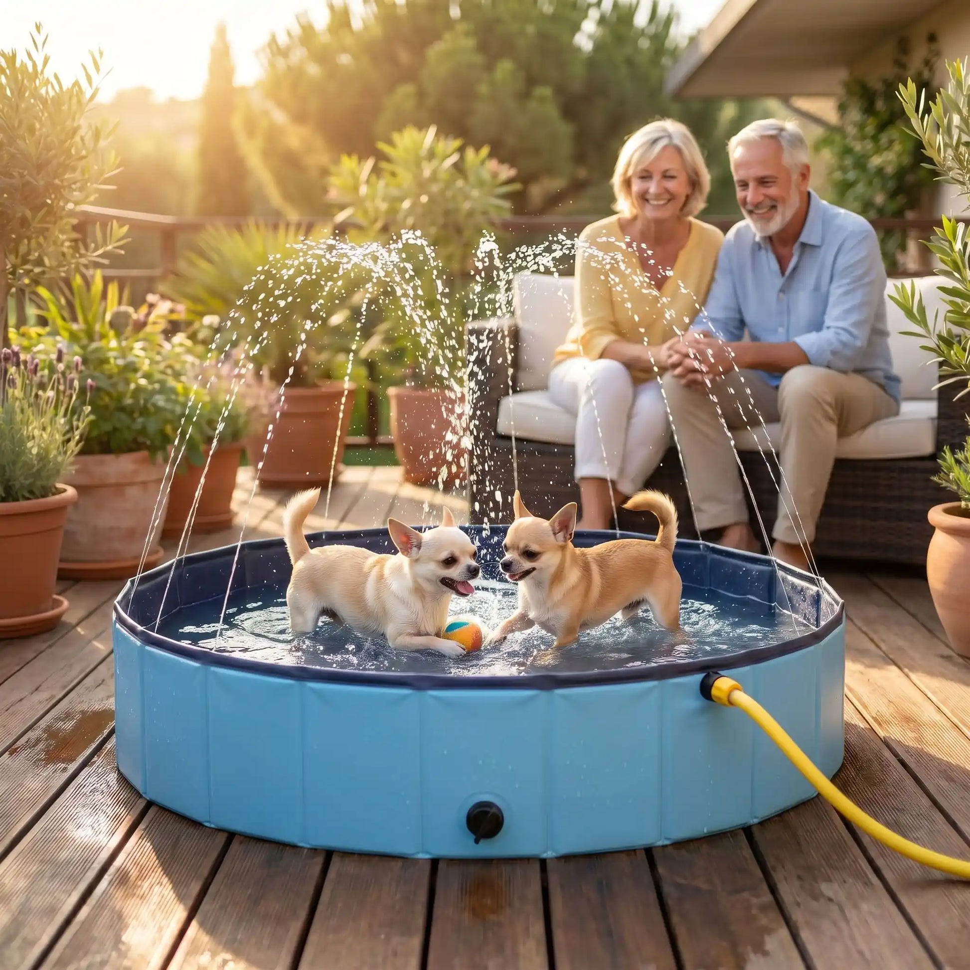 Piscine-rigide-pour-chien-chiot-avec- raccord universel au tuyau d'arrosage pour jets d'eau,rigide-vidange rapide et facile,pliable, transportable en panneaux de fibres rigides et naturels avec PVC ultra-résistant avec couche intérieure renforcée pour chien, fond antidérapant et résistant aux griffes-deux chihuahuas qui jouent tous heureux sous les petits jets d'eau dans la piscine sous les rires de ses maitres qui les regardent avec tendresse assis dans canapé de la terrasse de la maison en été