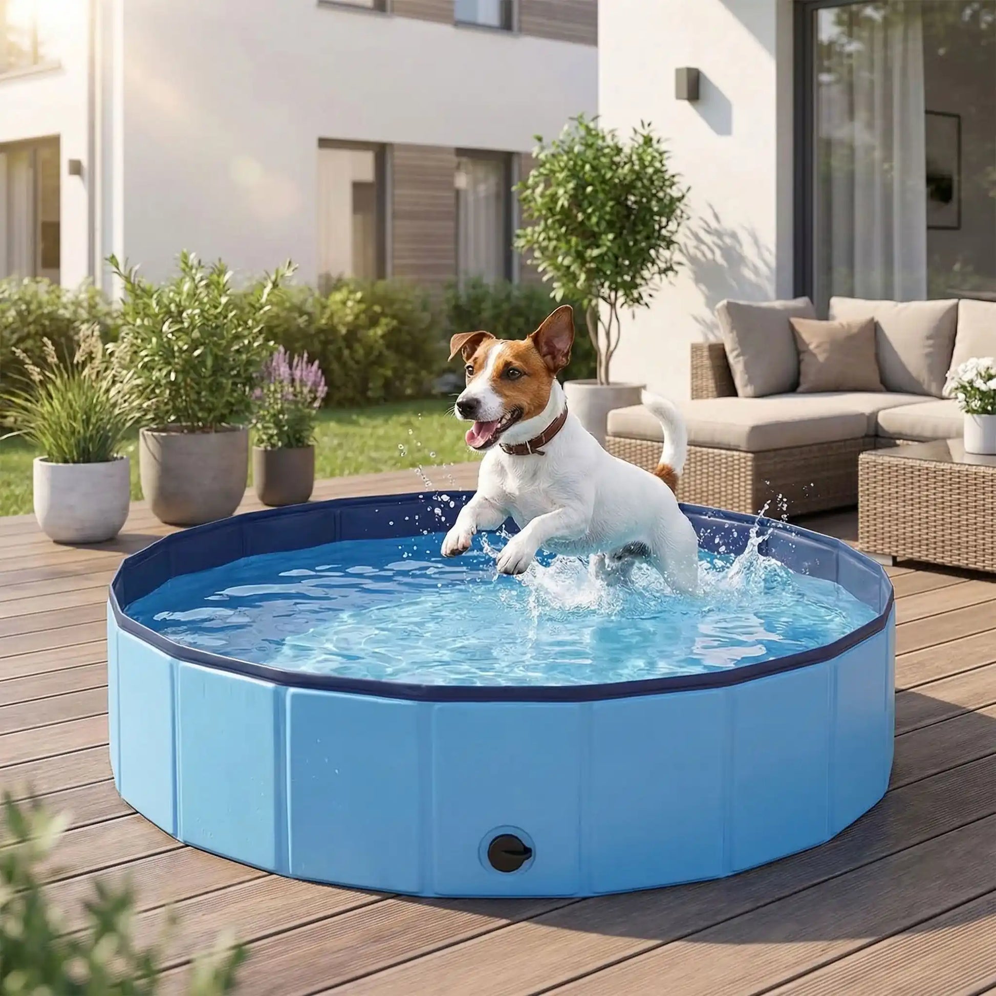 Piscine-rigide-pour-chien chiot, pliable, transportable, antidérapante, résistante aux griffes- de diamètre 80 cm avec bouchon de vidange facile- un jack russel qui saute dans la piscine bleu tout heureux sur la terasse de la maison en été