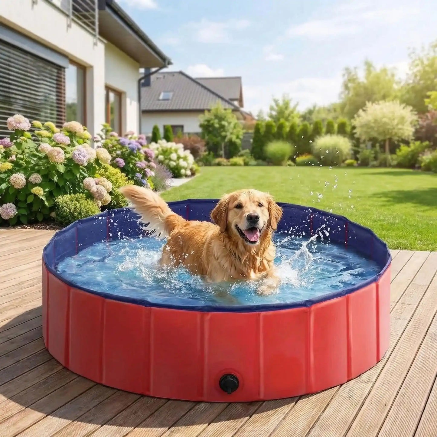 Piscine-rigide-pour-chien chiot, pliable, transportable, antidérapante, résistante aux griffes- de diamètre 80 cm avec bouchon de vidange facile- un golden retriever qui marche dans la piscine rouge et bleu sur la terrasse de la maison en été