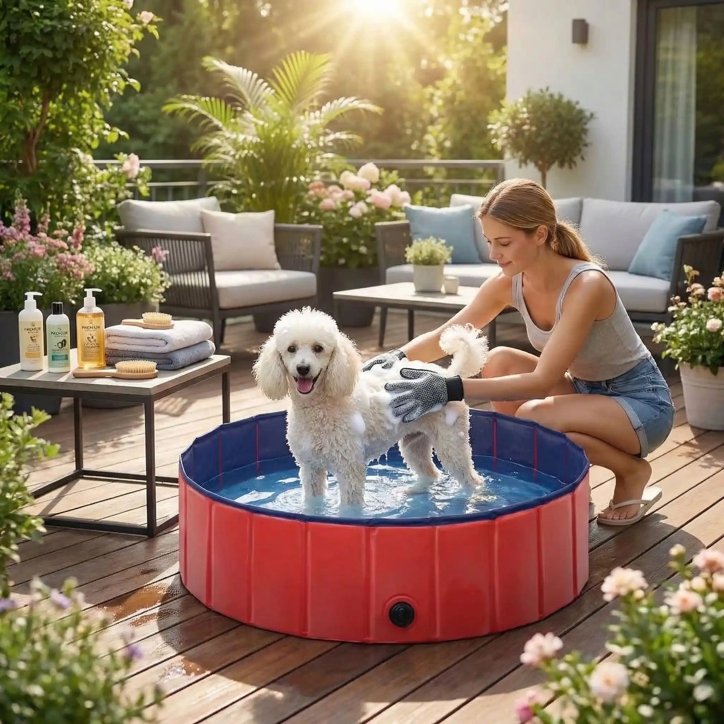 Piscine-rigide-pour-chien chiot, pliable, transportable, antidérapante, résistante aux griffes- de diamètre 80 cm avec bouchon de vidange facile- un caniche qui se fait shampoigner dans la piscine rouge et bleu avec par sa maitresse sur la terasse de la maison 