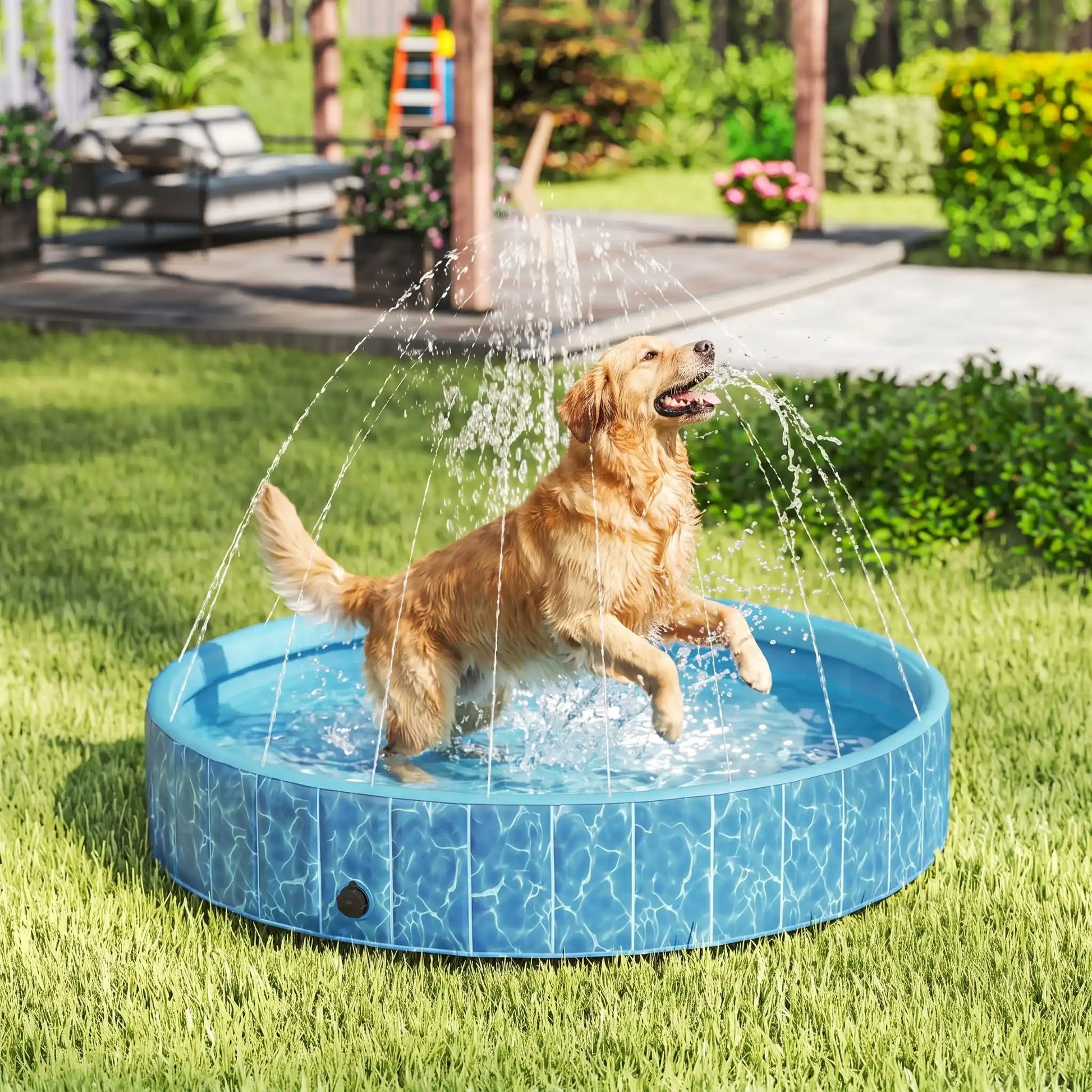 Piscine-rigide pour grand chien-xxl avec raccord universel au tuyau d'arrosage pour jets d'eau,rigide-vidange rapide et facile,pliable, transportable en panneaux de fibres rigides et naturels avec PVC ultra-résistant avec couche intérieure renforcée pour chien de grande race, fond antidérapant et résistant aux griffes-un chien de grande race qui jouent à attraper les jets actionnés de sa grande piscine dans le jardin de la maison en été