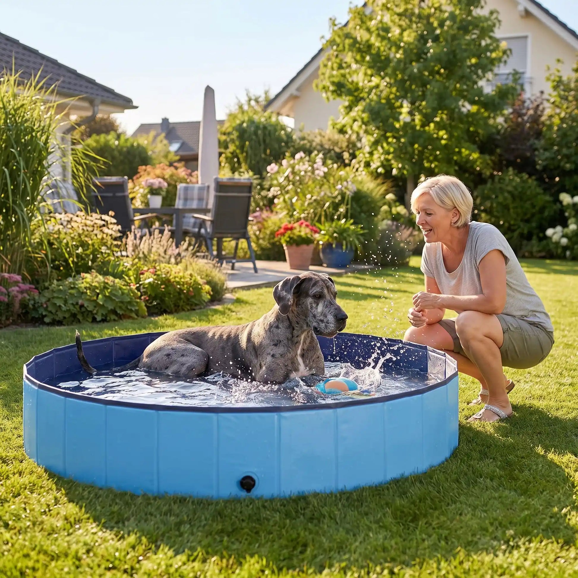 Piscine-pour-grand-chien-rigide-xxl, panneaux MDF robuste anti-affaissement, pliable et lavable de diamètre 200 cm et de 30 cm de hauteur étudiée pour une entrée et sortie facile et sécurisé pour le chien avec bouchon de vidange pratique et rapide, polyvalente piscine à balle, bassin, baignoire pour toilettage-un chien de très grande taille apaisé qui se rafraichit pour supporter la chaleur dans sa grande piscine robuste avec sa maitresse qui l'encourage et parle avec lui dans le jardin de la maison en été