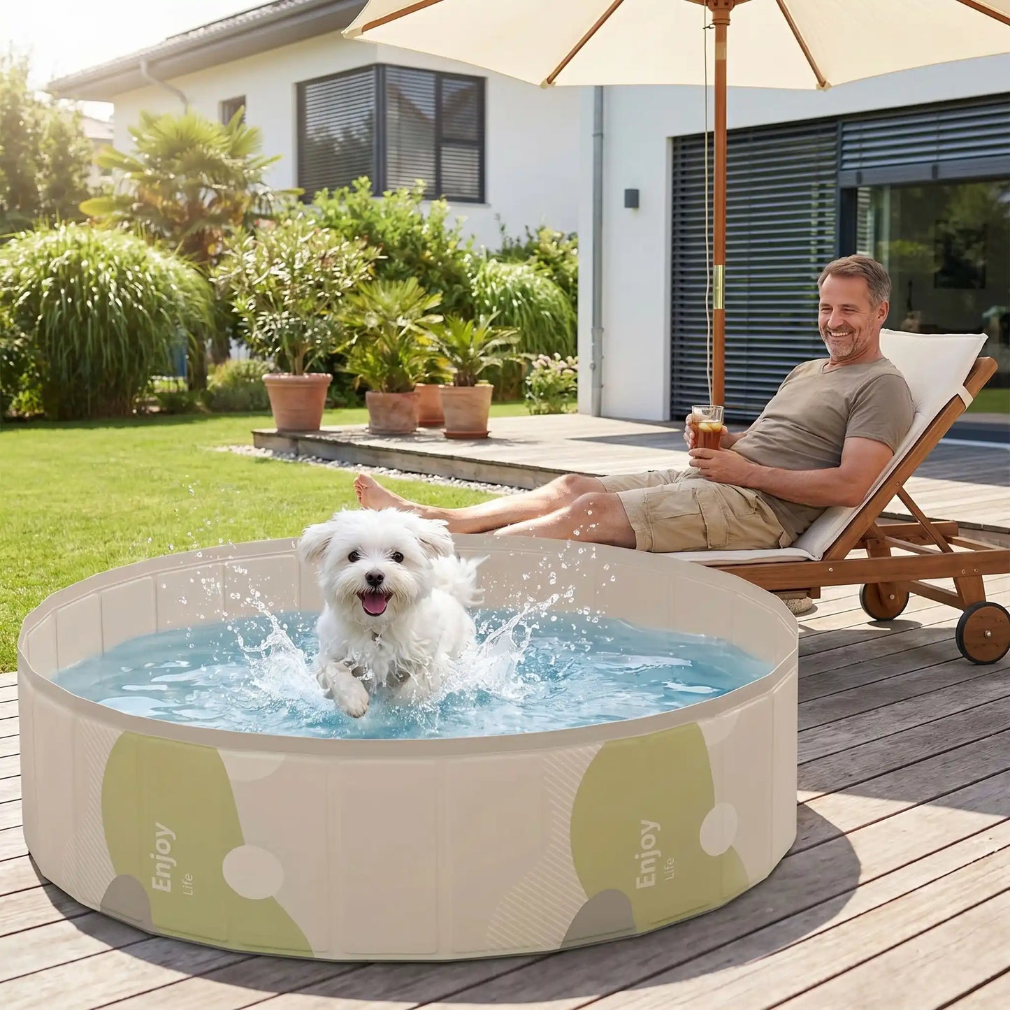 Piscines-pour-chiens-rigide en panneaux MDF robuste anti-affaissement, PVC sans produits toxiques , pliable et lavable de diamètre 80/100/120 cm et de 20/30 cm de hauteur étudié pour une entrée et sortie facile et sécurisé pour le chien avec bouchon de vidange pratique et rapide, polyvalente piscine à balle, bassin, baignoire pour toilettage-un petit chien à poils long et épais qui joue et court dans la piscine remplie d'eau sous le regard amusé de son maitre allongé sur  un transat sur la terrasse en été
