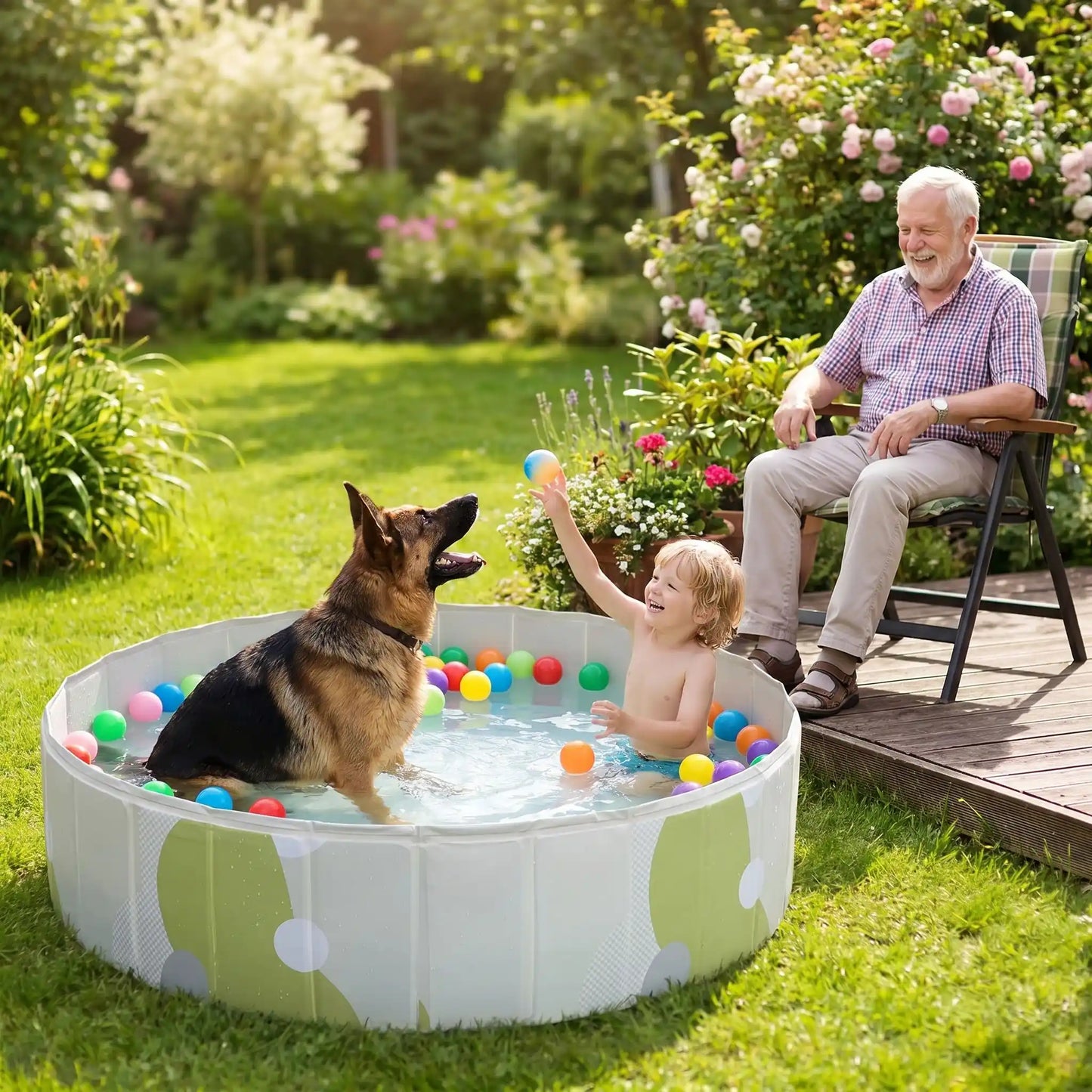 Piscines-pour-chiens-rigide en panneaux MDF robuste anti-affaissement, PVC sans produits toxiques , pliable et lavable de diamètre 80/100/120 cm et de 20/30 cm de hauteur étudié pour une entrée et sortie facile et sécurisé pour le chien avec bouchon de vidange pratique et rapide, polyvalente piscine à balle, bassin, baignoire pour toilettage-un grand chien qui joue avec un petit garçon dans la piscine remplie d'eau et de balles sous le regard amusé du grand-père assis sur la terrasse du jardin en été
