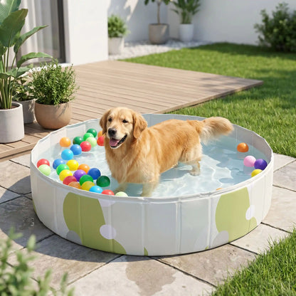 Piscines-pour-chiens-rigide en panneaux MDF robuste anti-affaissement, PVC sans produits toxiques , pliable et lavable de diamètre 80/100/120 cm et de 20/30 cm de hauteur étudié pour une entrée et sortie facile et sécurisé pour le chien avec bouchon de vidange pratique et rapide, polyvalente piscine à balle, bassin, baignoire pour toilettage-un Golden retriever heureux de se rafraichir en été dans la piscine remplie d'eau et de balles flottantes sur la terrasse de la maison en été