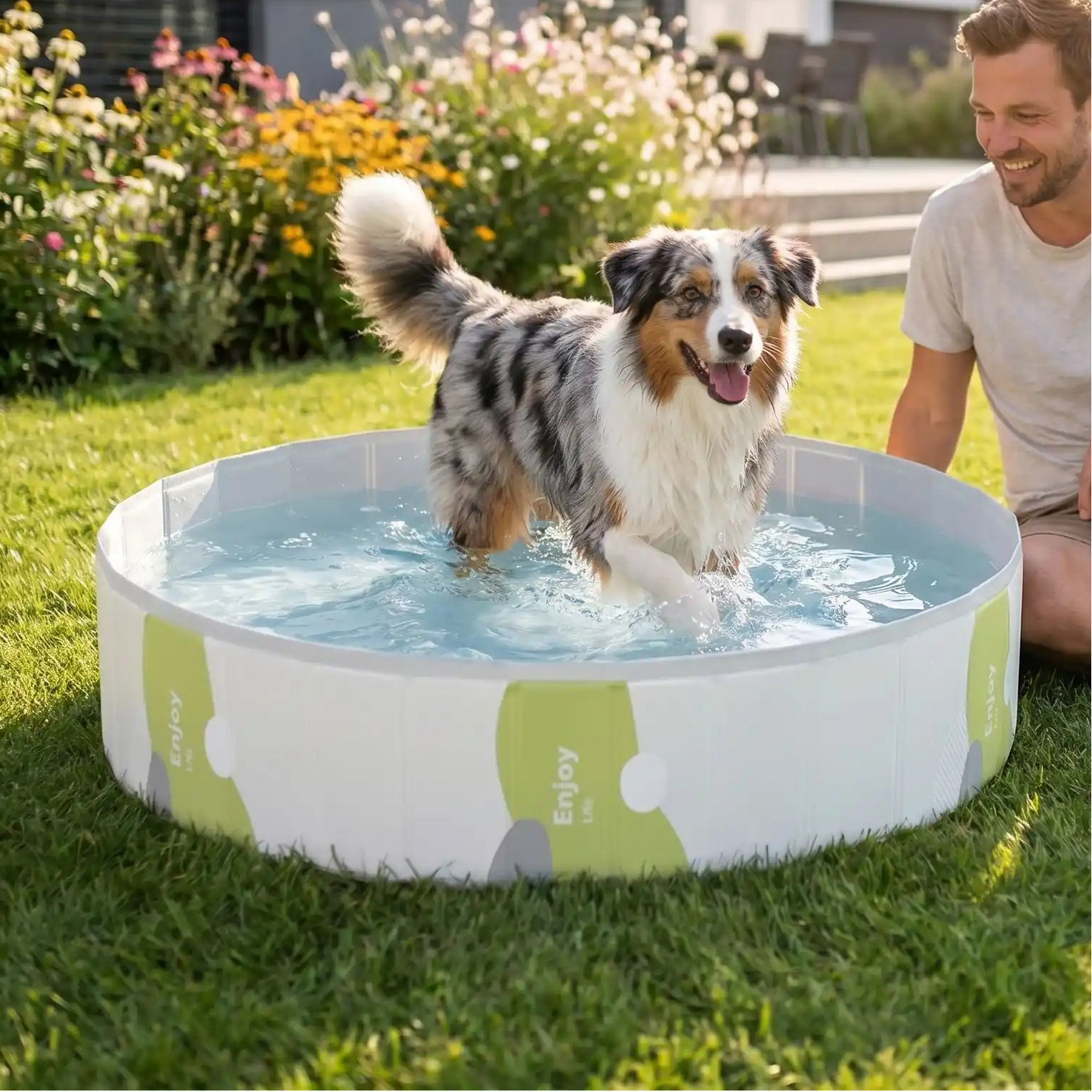 Piscines-pour-chiens-rigide en panneaux MDF robuste anti-affaissement, PVC sans produits toxiques , pliable et lavable de diamètre 80/100/120 cm et de 20/30 cm de hauteur étudié pour une entrée et sortie facile et sécurisé pour le chien avec bouchon de vidange pratique et rapide, polyvalente piscine à balle, bassin, baignoire pour toilettage-un grand chien à poils longs heureux de se rafraichir en été dans la piscine remplie d'eau avec son maitre assis sur la pelouse à côté de lui et qui le regarde amusé