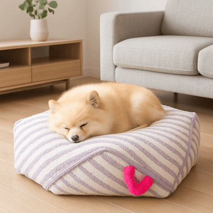 Pouf-pour-chien-chiot-design hexagonal moderne-doux-PU épais et rembourré sans produits toxique-résistant aux griffes et morsure-antidérapant et imperméable-lavable en machine-compact et léger avec sa poignée de transport-un chien nain qui dort paisiblement sur son pouf design à rayure mauve et blanc et sa poignée de transport rose dans le salon de l'appartement