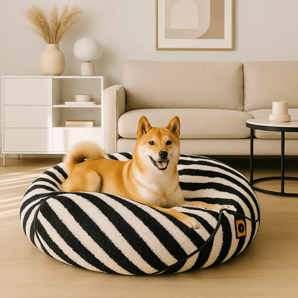 Pouf-pour-chien-déhoussable-velours-rembourrage généreux en coton-déhoussable et lavable en machine-chaud-douillet et résistant aux griffes et morsures-design moderne géométrique polygonale-rayure graphique-antidérapant et imperméable pour chiot et chien de petite à moyenne taille de 0 à 15 kg-un chien de taille moyenne couché confortablement dans son pouf moelleux dans le salon de la maison 