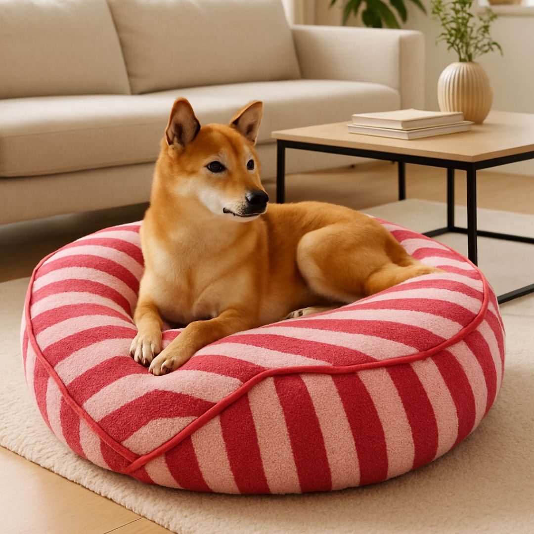 Pouf-pour-chien-déhoussable-velours-rembourrage généreux en coton-déhoussable et lavable en machine-chaud-douillet et résistant aux griffes et morsures-design moderne géométrique polygonale-rayure graphique-antidérapant et imperméable pour chiot et chien de petite à moyenne taille de 0 à 15 kg-un Shiba Inu couché confortablement dans son pouf moelleux dans le salon de la maison 