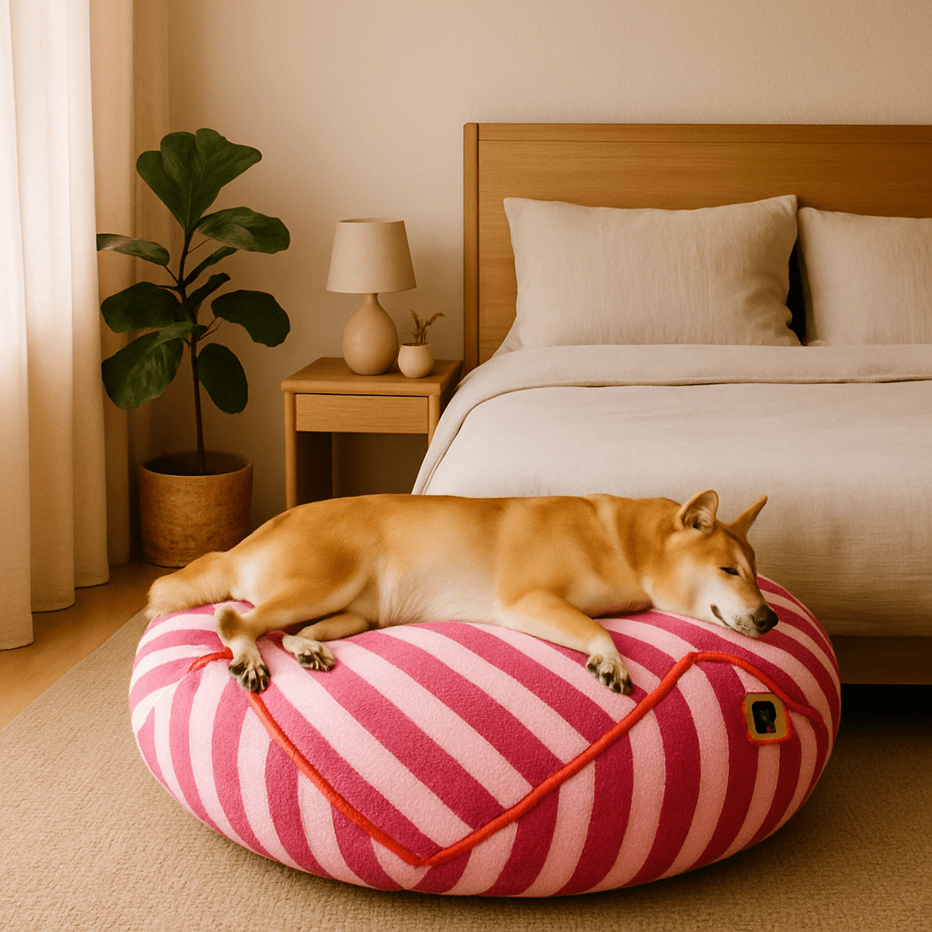 Pouf-pour-chien-déhoussable-velours-rembourrage généreux en coton-déhoussable et lavable en machine-chaud-douillet et résistant aux griffes et morsures-design moderne géométrique polygonale-rayure graphique-antidérapant et imperméable pour chiot et chien de petite à moyenne taille de 0 à 15 kg-un Shiba Inu qui dort sur le flanc paisiblement sur son pouf moelleux dans la chambre de l'appartement