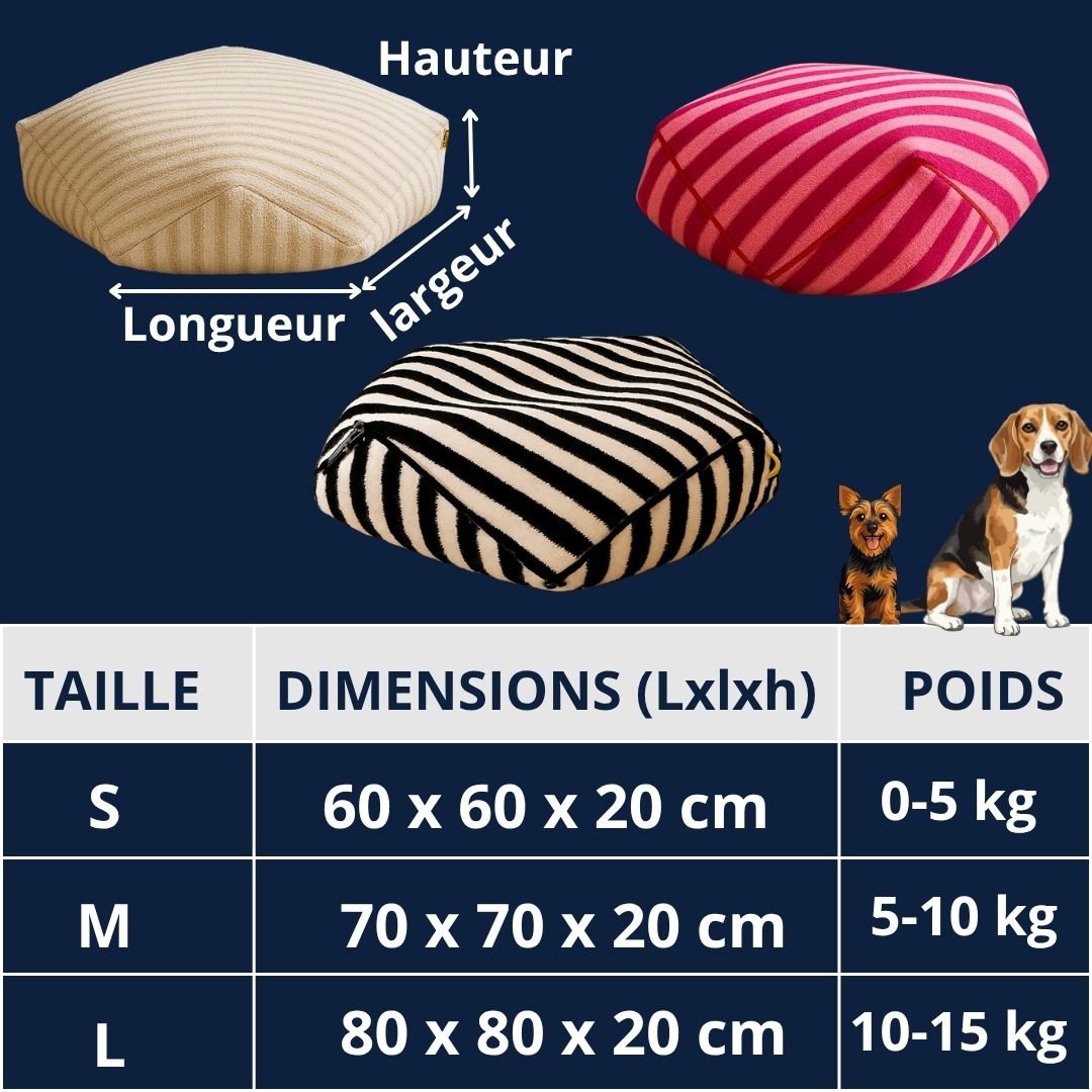 Pouf-pour-chien-déhoussable-velours-rembourrage généreux en coton-déhoussable et lavable en machine-chaud-douillet et résistant aux griffes et morsures-design moderne géométrique polygonale-rayure graphique-antidérapant et imperméable pour chiot et chien de petite à moyenne taille de 0 à 15 kg-3 tailles disponibles S, M et L avec tableau de dimensions détaillées et poids du chien correspondant