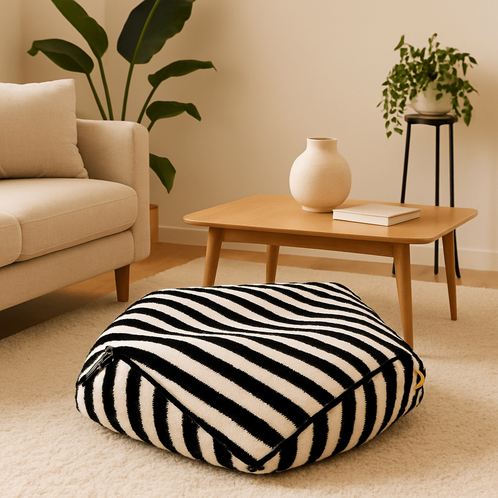 Pouf-pour-chien-déhoussable-velours-rembourrage généreux en coton-déhoussable et lavable en machine-chaud-douillet et résistant aux griffes et morsures-design moderne géométrique polygonale-rayure graphique-antidérapant et imperméable pour chiot et chien de petite à moyenne taille de 0 à 15 kg-couleur noir et blanc