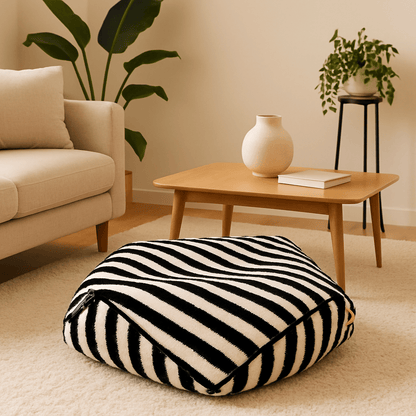 Pouf-pour-chien-déhoussable-velours-rembourrage généreux en coton-déhoussable et lavable en machine-chaud-douillet et résistant aux griffes et morsures-design moderne géométrique polygonale-rayure graphique-antidérapant et imperméable pour chiot et chien de petite à moyenne taille de 0 à 15 kg-couleur noir et blanc