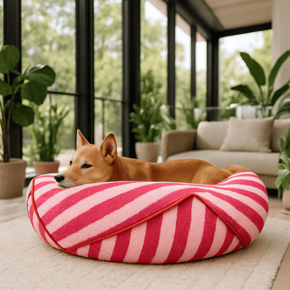 Pouf-pour-chien-déhoussable-velours-rembourrage généreux en coton-déhoussable et lavable en machine-chaud-douillet et résistant aux griffes et morsures-design moderne géométrique polygonale-rayure graphique-antidérapant et imperméable pour chiot et chien de petite à moyenne taille de 0 à 15 kg-un chien moyen couché confortablement niché dans son pouf moelleux dans la véranda de la maison 