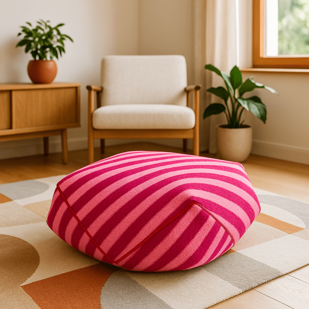 Pouf-pour-chien-déhoussable-velours-rembourrage généreux en coton-déhoussable et lavable en machine-chaud-douillet et résistant aux griffes et morsures-design moderne géométrique polygonale-rayure graphique-antidérapant et imperméable pour chiot et chien de petite à moyenne taille de 0 à 15 kg-de couleur  rose pâle et foncé