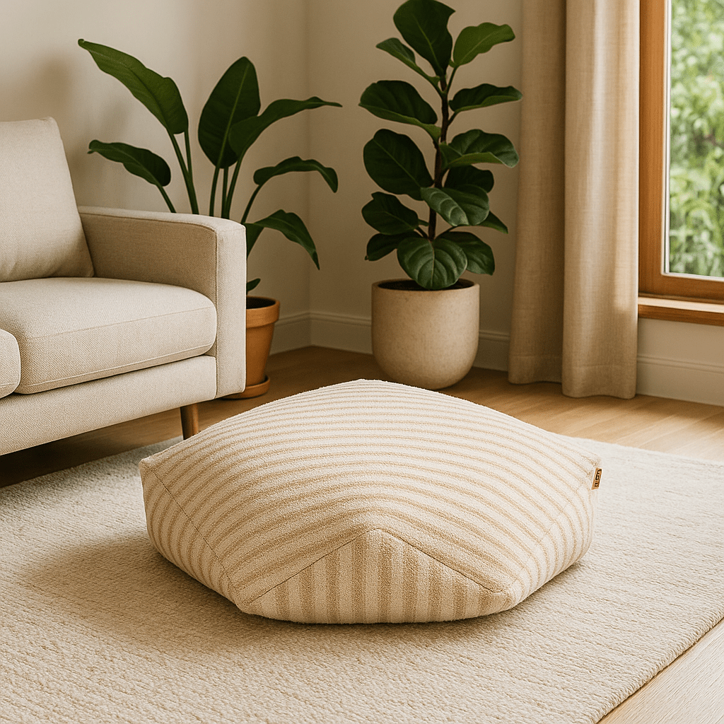 Pouf-pour-chien-déhoussable-velours-rembourrage généreux en coton-déhoussable et lavable en machine-chaud-douillet et résistant aux griffes et morsures-design moderne géométrique polygonale-rayure graphique-antidérapant et imperméable pour chiot et chien de petite à moyenne taille de 0 à 15 kg-de couleur beige et blanc