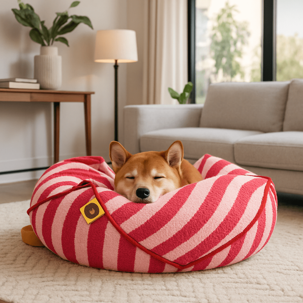 Pouf-pour-chien-déhoussable-velours-rembourrage généreux en coton-déhoussable et lavable en machine-chaud-douillet et résistant aux griffes et morsures-design moderne géométrique polygonale-rayure graphique-antidérapant et imperméable pour chiot et chien de petite à moyenne taille de 0 à 15 kg-un Shiba Inu enfoncé confortablement dans son pouf ergonomique et moelleux dans le salon de l'appartement