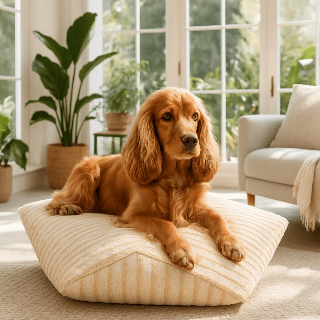 Pouf-pour-chien-déhoussable-velours-rembourrage généreux en coton-déhoussable et lavable en machine-chaud-douillet et résistant aux griffes et morsures-design moderne géométrique polygonale-rayure graphique-antidérapant et imperméable pour chiot et chien de petite à moyenne taille de 0 à 15 kg-un chien de taille moyenne couché confortablement dans son pouf moelleux dans la véranda de la maison 