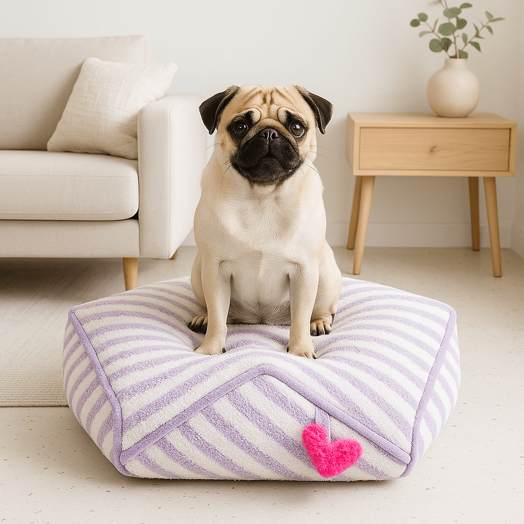 Pouf-pour-chien-chiot-design hexagonal moderne-doux-PU épais et rembourré sans produits toxique-résistant aux griffes et morsure-antidérapant et imperméable-lavable en machine-compact et léger avec sa poignée de transport-pour chien de petite taille de 0 à 5 kg-un petit chien assis confortablement sur son pouf design à rayure mauve et blanc et sa poignée de transport rose dans le salon de l'appartement