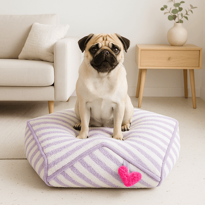 Pouf-pour-chien-chiot-design hexagonal moderne-doux-PU épais et rembourré sans produits toxique-résistant aux griffes et morsure-antidérapant et imperméable-lavable en machine-compact et léger avec sa poignée de transport-pour chien de petite taille de 0 à 5 kg-un petit chien assis confortablement sur son pouf design à rayure mauve et blanc et sa poignée de transport rose dans le salon de l'appartement