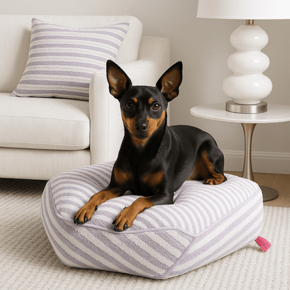 Pouf-pour-chien-chiot-design hexagonal moderne-doux-PU épais et rembourré sans produits toxique-résistant aux griffes et morsure-antidérapant et imperméable-lavable en machine-compact et léger avec sa poignée de transport-un chien de race Toy couché confortablement sur son pouf design à rayure mauve et blanc et sa poignée de transport rose dans le salon de l'appartement