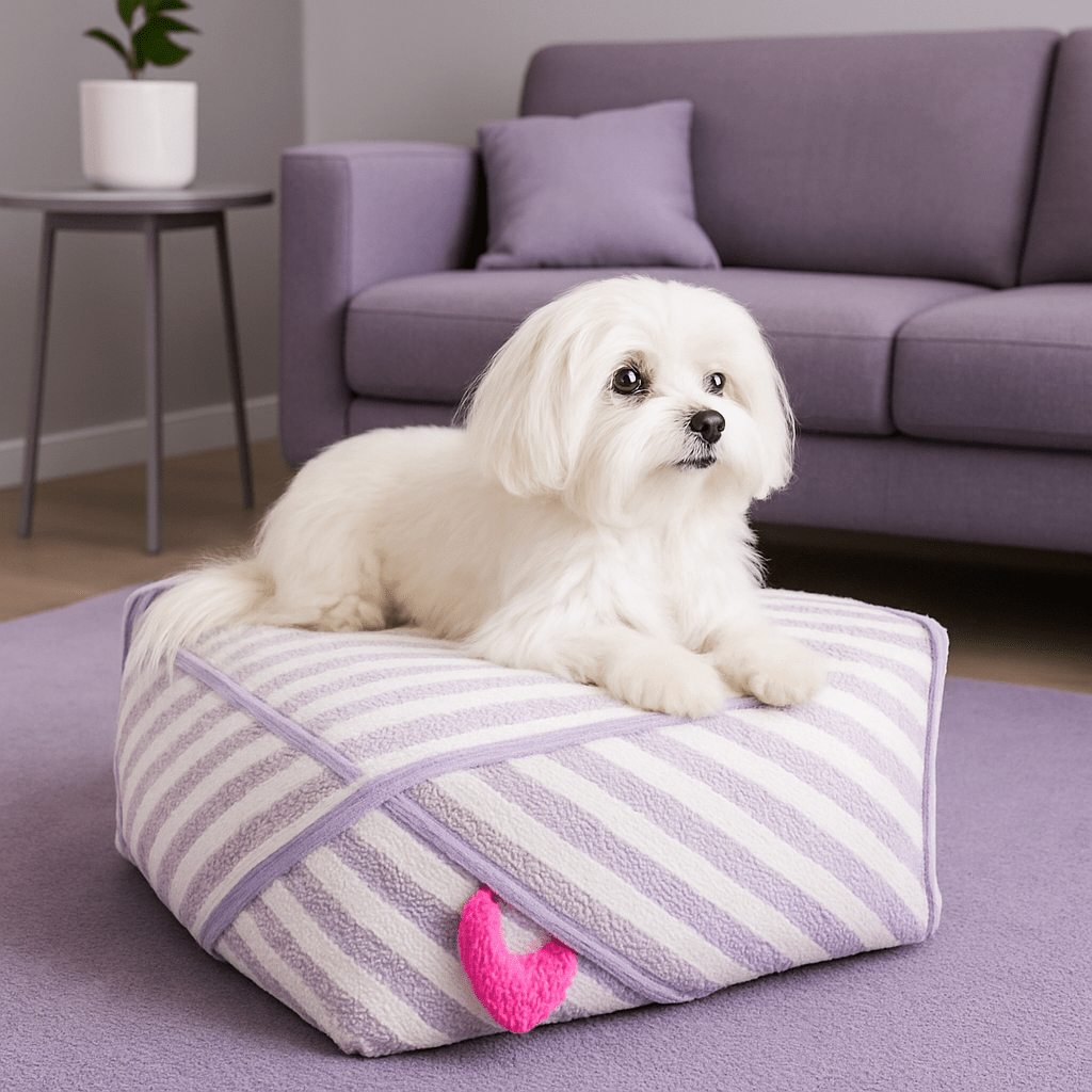 Pouf-pour-chien-chiot-design hexagonal moderne-doux-PU épais et rembourré sans produits toxique-résistant aux griffes et morsure-antidérapant et imperméable-lavable en machine-compact et léger avec sa poignée de transport-un chien de petite taille couché confortablement sur son pouf design à rayure mauve et blanc et sa poignée de transport rose dans le salon de la maison