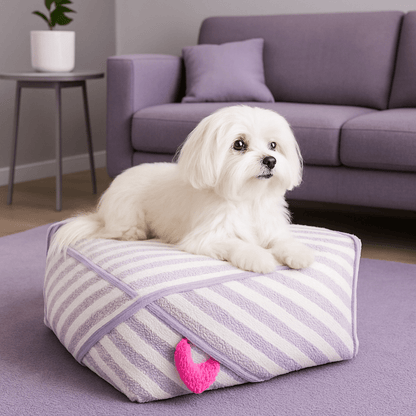 Pouf-pour-chien-chiot-design hexagonal moderne-doux-PU épais et rembourré sans produits toxique-résistant aux griffes et morsure-antidérapant et imperméable-lavable en machine-compact et léger avec sa poignée de transport-un chien de petite taille couché confortablement sur son pouf design à rayure mauve et blanc et sa poignée de transport rose dans le salon de la maison