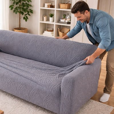 Protection-canape-antiderapant-4-saisons, extensible, lavabkle en machine avec relief doux et sécurisant , tissu anti poils et résistant aux griffes, idéal pour les propriétaire de chiens, 4 tailles disponible du fauteuil 1 places au XL pour canapé 4 places-un homme qui installe la protection canapé chien extensible de couleur grise sur son canapé 3 places dans le salon de l'appartement