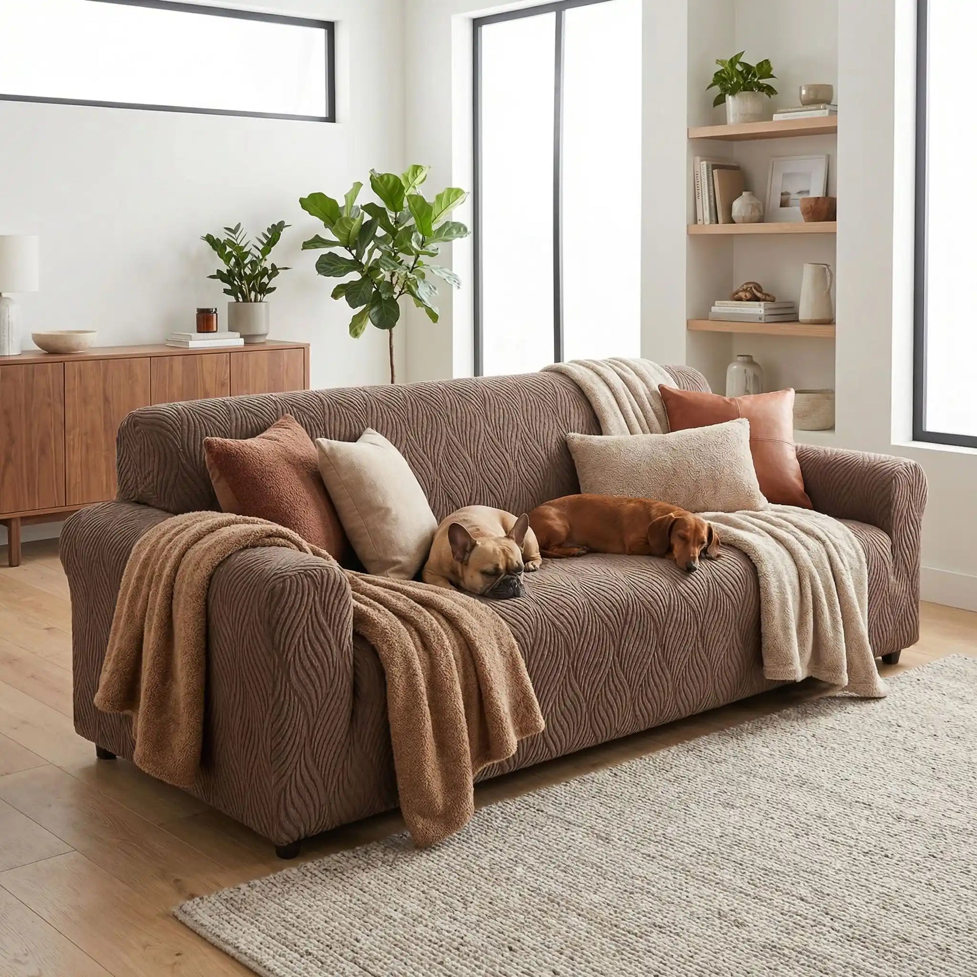 Protection-canape-antiderapant-4-saisons, extensible, lavabkle en machine avec relief doux et sécurisant , tissu anti poils et résistant aux griffes, idéal pour les propriétaire de chiens, 4 tailles disponible du fauteuil 1 places au XL pour canapé 4 places-gros plan sur la protection de canapé marron qui protège le canapé 3 places du salon de la maison