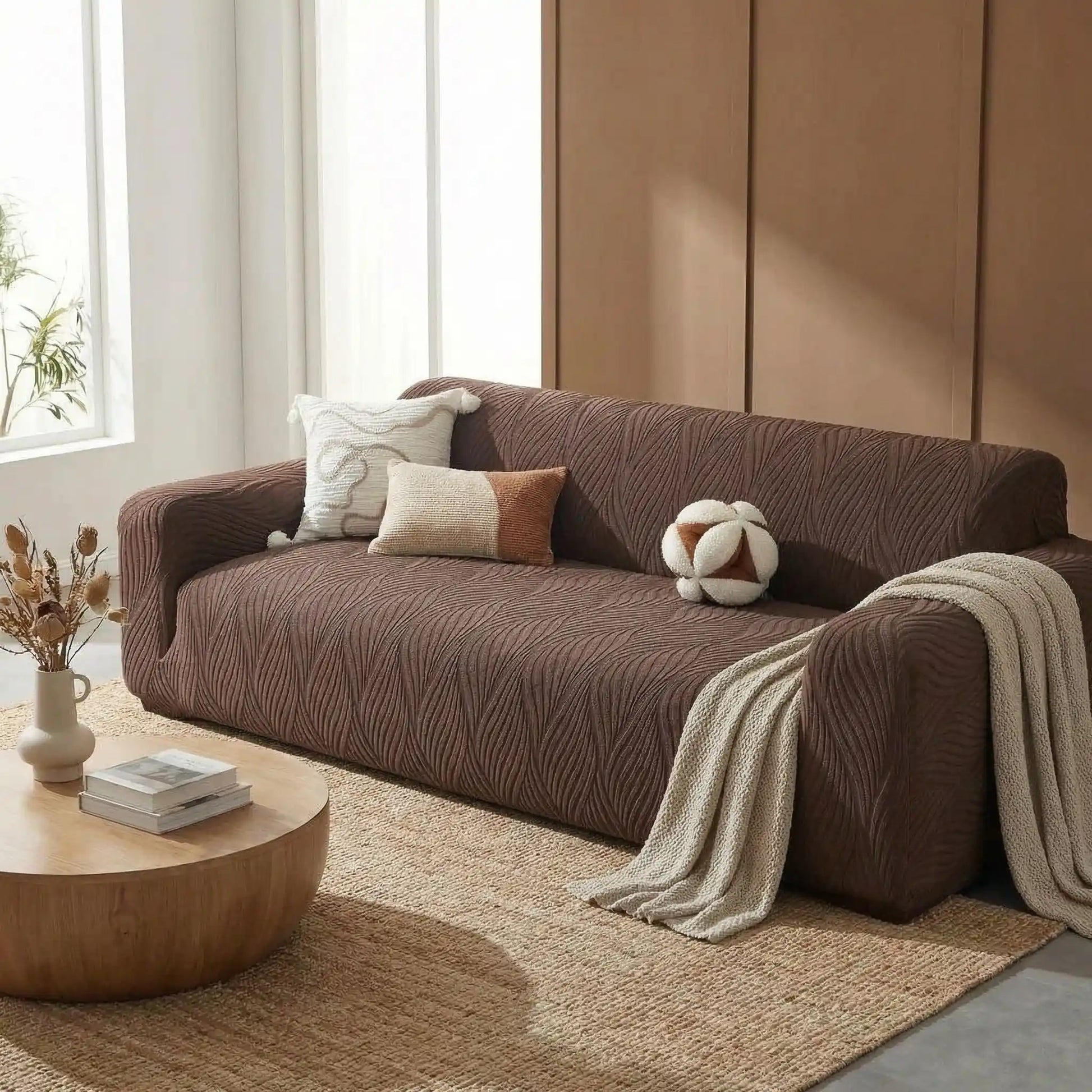 Protection-canape-antiderapant-4-saisons, extensible, lavabkle en machine avec relief doux et sécurisant , tissu anti poils et résistant aux griffes, idéal pour les propriétaire de chiens, 4 tailles disponible du fauteuil 1 places au XL pour canapé 4 places-gros plan sur la protection de canapé marron qui protège le canapé 3 places du salon de la salle d'attente