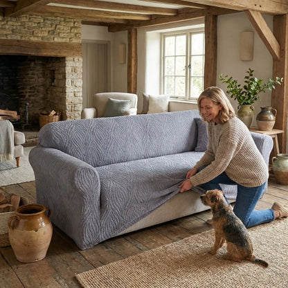 Protection-canape-antiderapant-4-saisons, extensible, lavabkle en machine avec relief doux et sécurisant , tissu anti poils et résistant aux griffes, idéal pour les propriétaire de chiens, 4 tailles disponible du fauteuil 1 places au XL pour canapé 4 places-une maitresse de chiens qui installe la housse extensible et universelle de couleur grise  sur le canapé xl de son salon avec son petit chien assis à côté d'elle qui attend , gros plan sur les propriétés extensible du tissu et la facilité d'installation