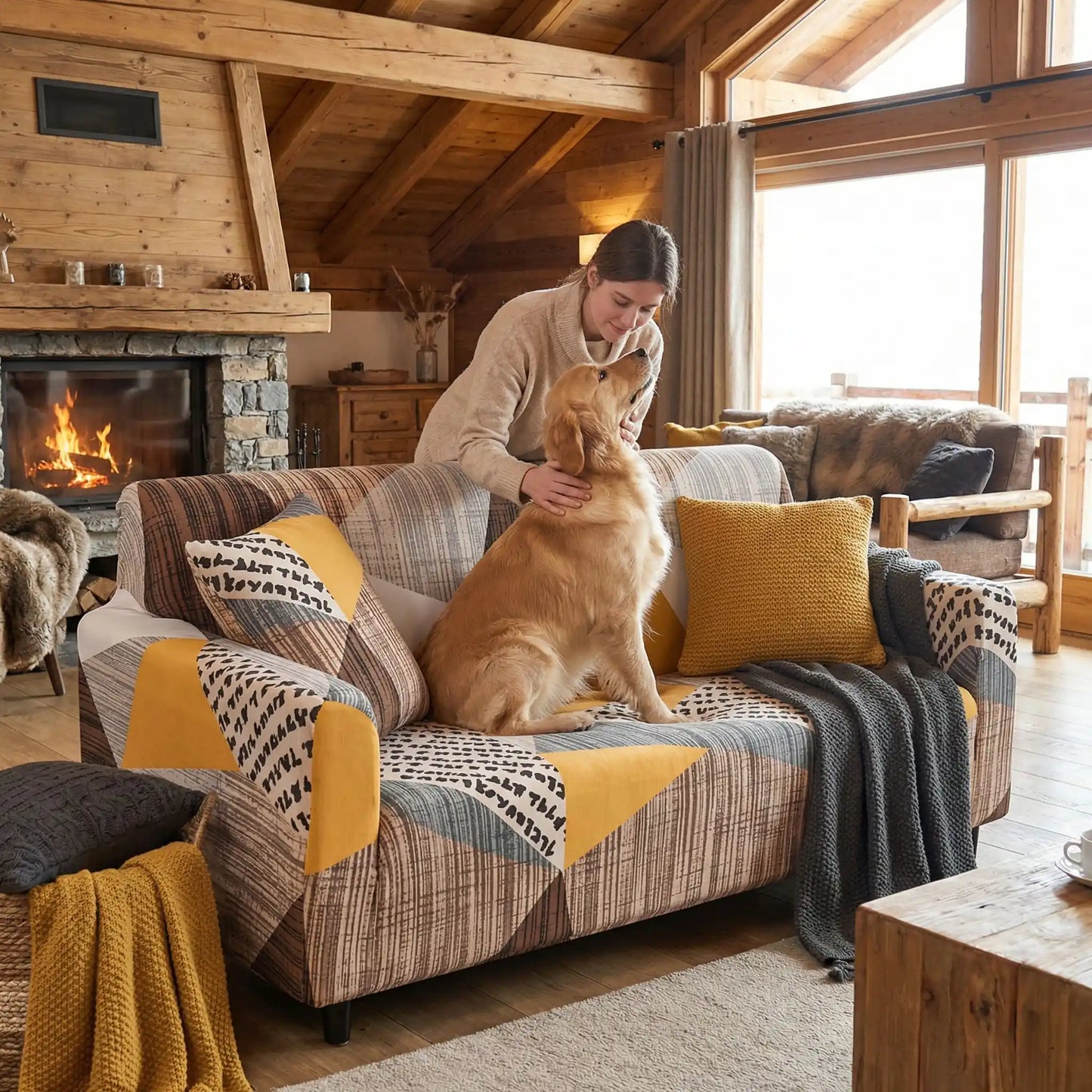 Protection-canape-chien-anti-poils-anti accident, lavable en machine, haute élasticité et resistante aux griffes et à l'usure, universelle en 4 tailles pour fauteuil, canapé de 2/3/4 places, avec élastique et bloque plis-un golden retriever assis sur le canapé enveloppé de la housse graphique grise , blanche et jaune au design moderne coloré et aux finitions soignées qui embellit la décoration avec sa maitresse qui le caresse debout derrière le canapé du salon du chalet