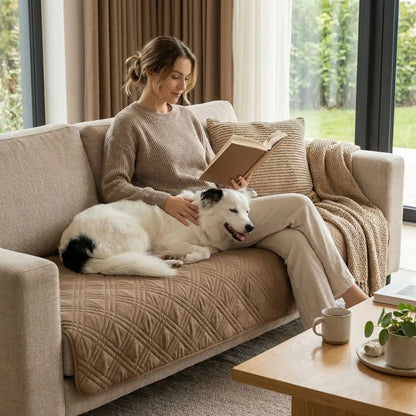 Protection-canape-chien-couverture-protege-siege-imperméable, résistant aux griffes, durable, tapis ou couverture qui protège des accidents, humidité saleté, boue,tissu anti poils, lavable en machine en 3 tailles M, L et XL pour canapé de 1/2/3 places, futon, canapé relax et canapé avec angles ou méridienne-un maitresse assise qui lit son livre en caressant son grand chien couché contre elle sur le protège canapé de couleur beige au rembourrage 100% coton sur le canapé du salon de la maison