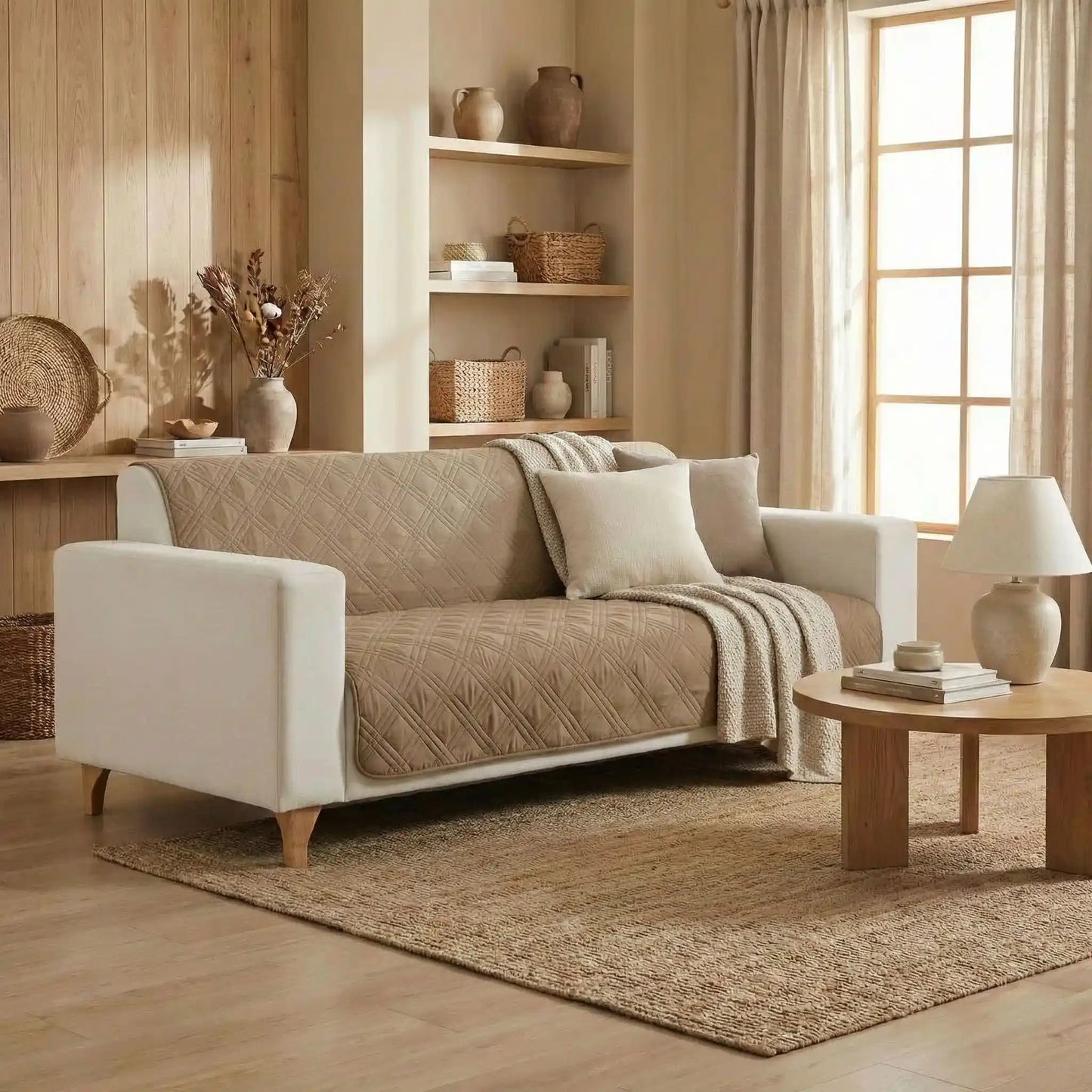 Protection-canape-chien-couverture-protege-siege-imperméable, résistant aux griffes, durable, tapis ou couverture qui protège des accidents, humidité saleté, boue,tissu anti poils, lavable en machine en 3 tailles M, L et XL pour canapé de 1/2/3 places, futon, canapé relax et canapé avec angles ou méridienne-photo de deux protèges canapé de couleur marron, un sur le dossier et un sur l'assise du canapé 3 places dans le salon de la maison