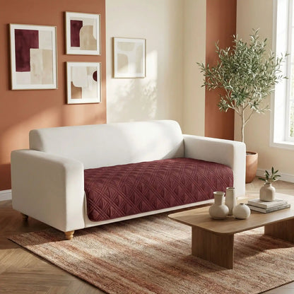 Protection-canape-chien-couverture-protege-siege-imperméable, résistant aux griffes, durable, tapis ou couverture qui protège des accidents, humidité saleté, boue,tissu anti poils, lavable en machine en 3 tailles M, L et XL pour canapé de 1/2/3 places, futon, canapé relax et canapé avec angles ou méridienne-photo du protège canapé de couleur rouge bordeaux sur un canapé moderne et blanc dans le salon de l'appartement