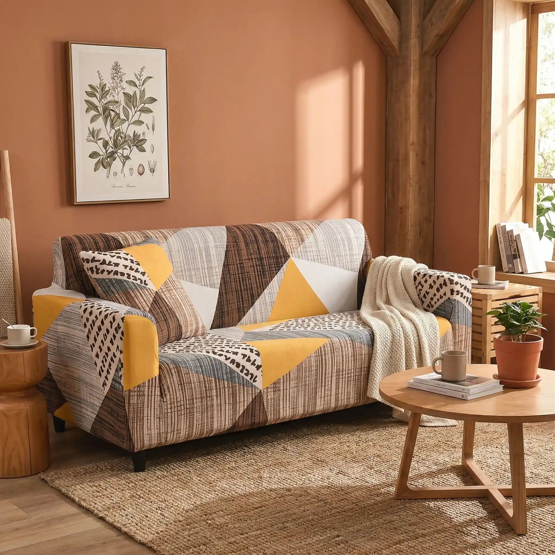 Protection-canape-chien-anti-poils-anti accident, lavable en machine, haute élasticité et resistante aux griffes et à l'usure, universelle en 4 tailles pour fauteuil, canapé de 2/3/4 places, avec élastique et bloque plis-un canapé enveloppé de la housse graphique marron, blanche et orange , au design moderne bohème coloré et aux finitions soignées qui embellit la décoration avec du salon en bois de la maison