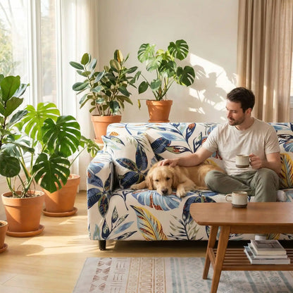 Protection-canape-chien-anti-poils-anti accident, lavable en machine, haute élasticité et resistante aux griffes et à l'usure, universelle en 4 tailles pour fauteuil, canapé de 2/3/4 places, avec élastique et bloque plis-un maitre qui bois son café an caressant son chien sur leur canapé avec sa housse universelle adaptable au design naturel soignée dans un salon avec des plantes partout