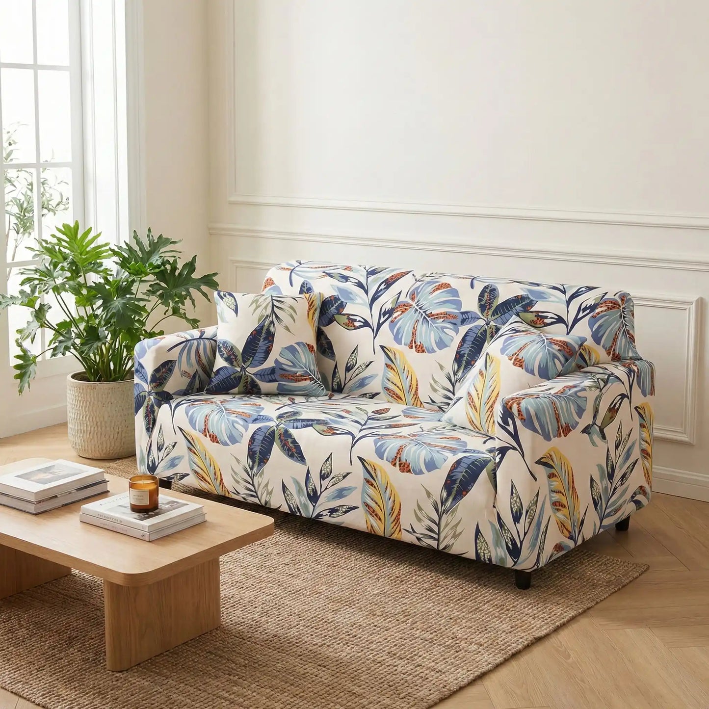 Protection-canape-chien-anti-poils-anti accident, lavable en machine, haute élasticité et resistante aux griffes et à l'usure, universelle en 4 tailles pour fauteuil, canapé de 2/3/4 places, avec élastique et bloque plis-modèle de feuilles diverses au détails fins et soignées de couleurs chaude et pastels en 4 tailles pour toutes les longueurs de canapé 1/2/3/4 places