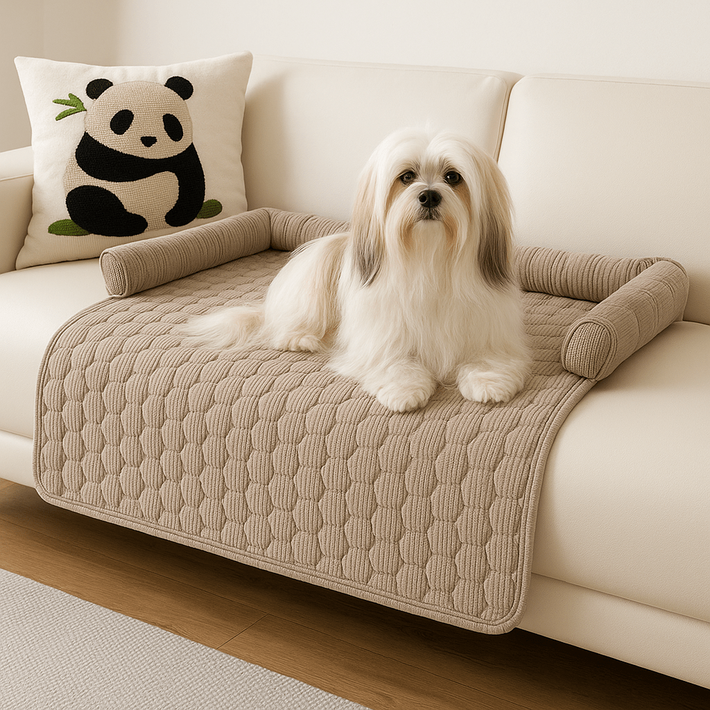 Protection-canapé-chien-antidérapant-avec-rebord en forme de traversin en U au rembourrage 100% coton haute densité et hypoallergénique-lavable en machine qui ne retient pas les poils, imperméable et respirant en velours cristal ultra doux-un chien moyen à poils très long couché confortablement sur le protège canapé de couleur marron sur le canapé du salon de la maison