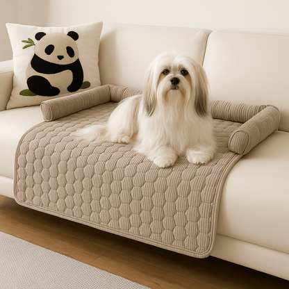 Protection-canapé-chien-antidérapant-avec-rebord en forme de traversin en U au rembourrage 100% coton haute densité et hypoallergénique-lavable en machine qui ne retient pas les poils, imperméable et respirant en velours cristal ultra doux-un chien moyen à poils très long couché confortablement sur le protège canapé de couleur marron sur le canapé du salon de la maison