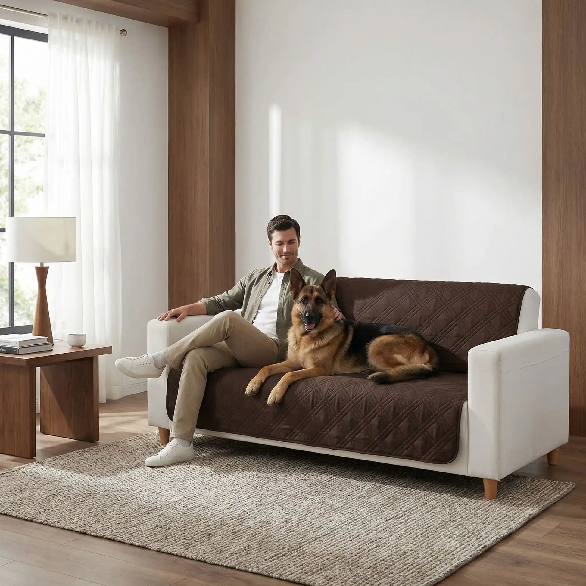 Protection-canape-chien-couverture-protege-siege-imperméable, résistant aux griffes, durable, tapis ou couverture qui protège des accidents, humidité saleté, boue,tissu anti poils, lavable en machine en 3 tailles M, L et XL pour canapé de 1/2/3 places, futon, canapé relax et canapé avec angles ou méridienne-un maitre qui caresse son chiot et son grand chien tous assis confortablement sur deux proteges canapés sur le dossier et l'assise au rembourrage 100% coton sur le canapé du salon de la maison