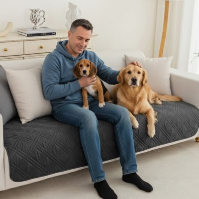 Protection-canape-chien-couverture-protege-siege-imperméable, résistant aux griffes, durable, tapis ou couverture qui protège des accidents, humidité saleté, boue,tissu anti poils, lavable en machine en 3 tailles M, L et XL pour canapé de 1/2/3 places, futon, canapé relax et canapé avec angles ou méridienne-un maitre qui caresse son chiot et son grand chien tous assis confortablement sur le protege canape de couleur gris au rembourrage 100% coton sur le canapé du salon de la maison